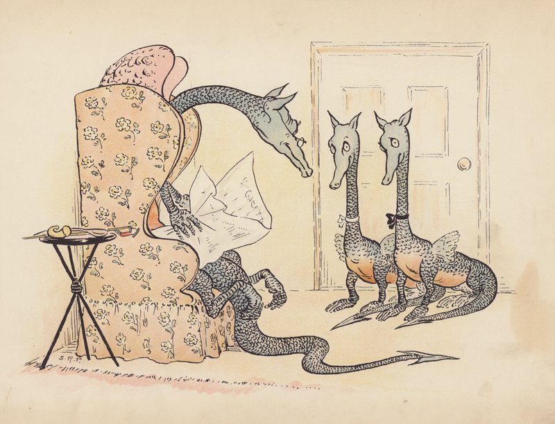 Illustratie voor Little Twin Dragons door S Rosamond Praeger (kleurenlitho) door Sophia Rosamond Praeger