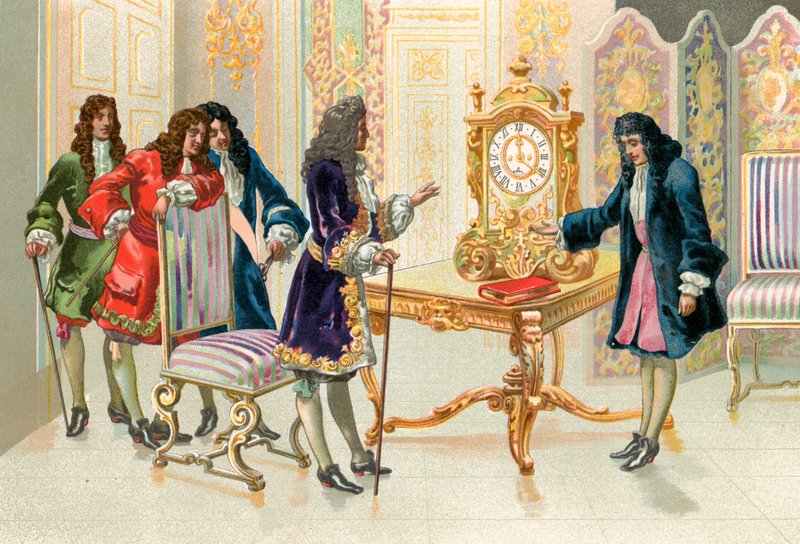 Christiaan Huygens presenteert de slingerklok aan Lodewijk XIV door Spanish School