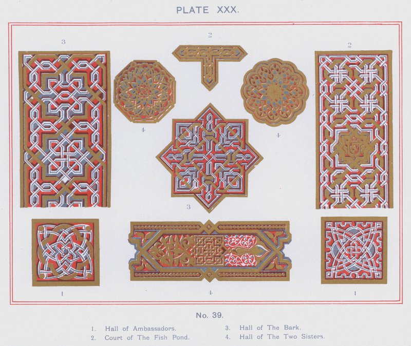 Hal van Ambassadeurs, Hof van de Visvijver, Hal van de Schors, Hal van de Twee Zusters (kleur litho) door Spanish School