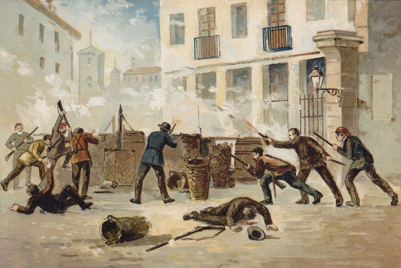 Leden van de Nationale Militie in Valencia weigeren te ontwapenen, Spanje, 1873 door Spanish School