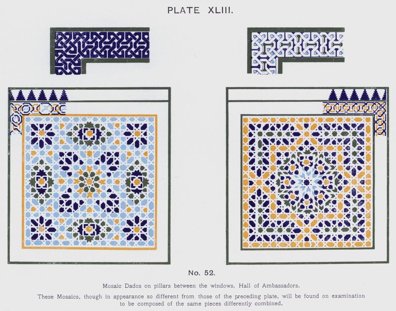 Mozaïek Dados op pilaren tussen de ramen, Hal van de Ambassadeurs (kleur litho) door Spanish School