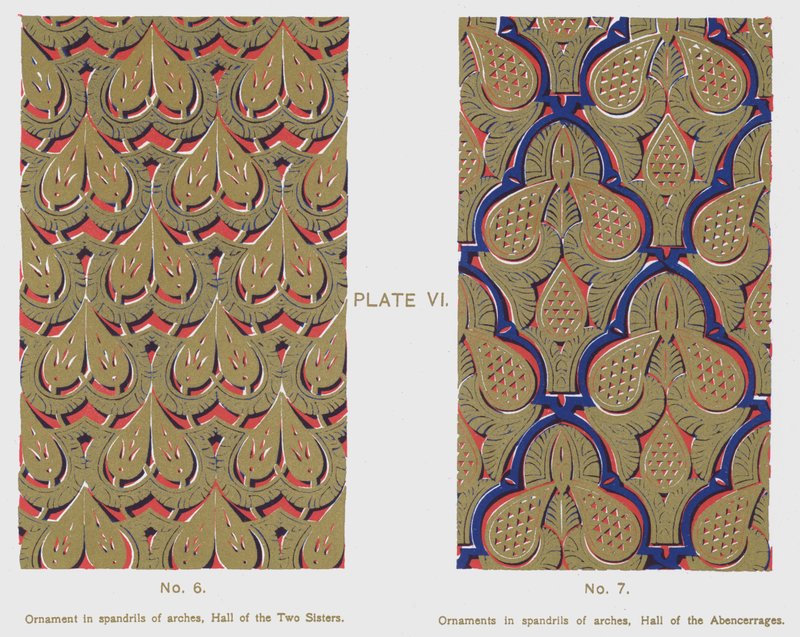 Ornament in spandrils van bogen, Hal van de Twee Zusters, Ornamenten in spandrils van bogen, Hal van de Abencerrages (kleur litho) door Spanish School