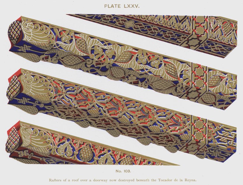 Spanten van een dak boven een deur nu vernietigd onder de Tocador de la Reyna (kleur litho) door Spanish School