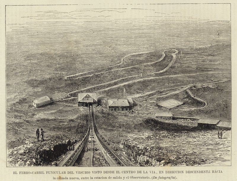 De kabelbaan van de Vesuvius gezien vanuit het midden van de spoorlijn door Spanish School