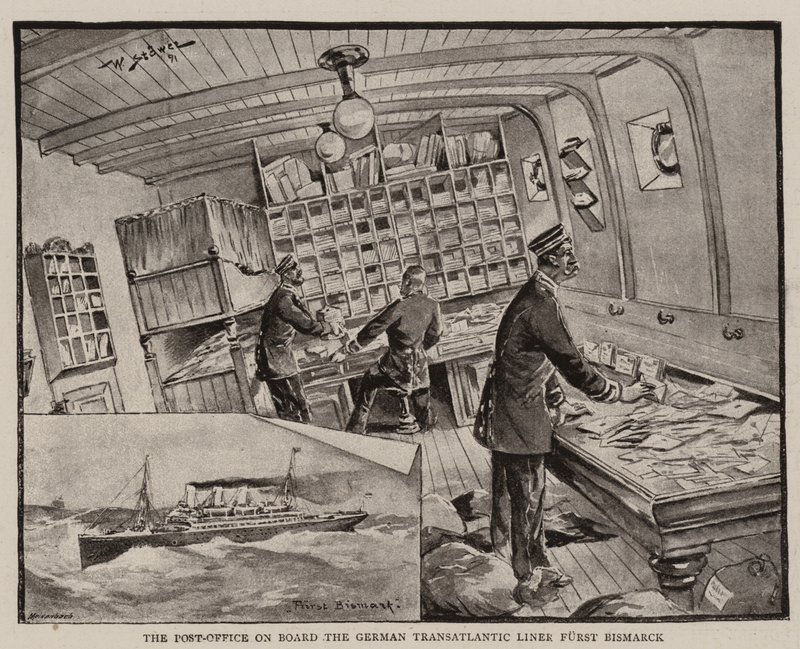 Het postkantoor aan boord van de Duitse trans-Atlantische lijnboot Furst Bismarck door Stoewer Willy