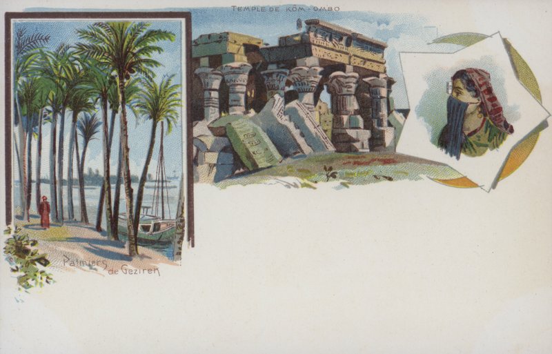 Egyptische scènes: palmbomen aan de oevers van de Nijl bij Gezira, Caïro, en de Tempel van Kom Ombo door Swiss School