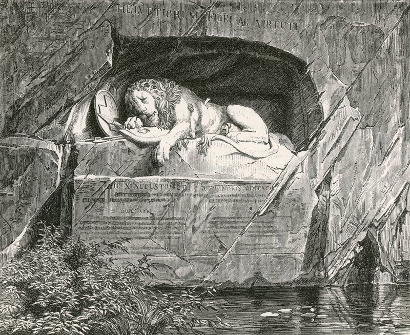 Monument in Luzern voor de Zwitserse Garde die viel tijdens de verdediging van de koninklijke familie van Frankrijk, 10 augustus 1792 door Swiss School