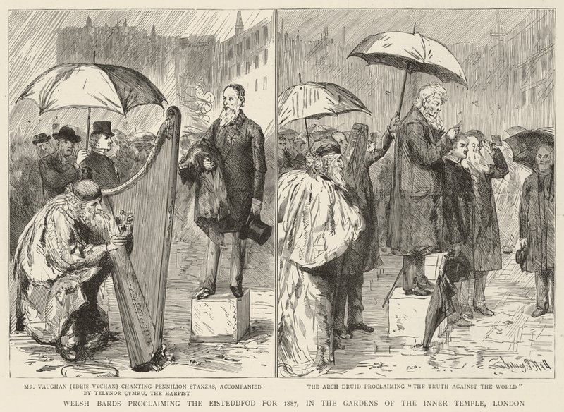 Welshe barden kondigen de Eisteddfod van 1887 aan, in de tuinen van de Inner Temple, Londen door Sydney Prior Hall