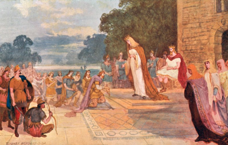 Koning Edgar met Koningin Elfrida ontvangt de hulde van acht tribuutprinsen in Chester, 973 AD door Sydney Herbert
