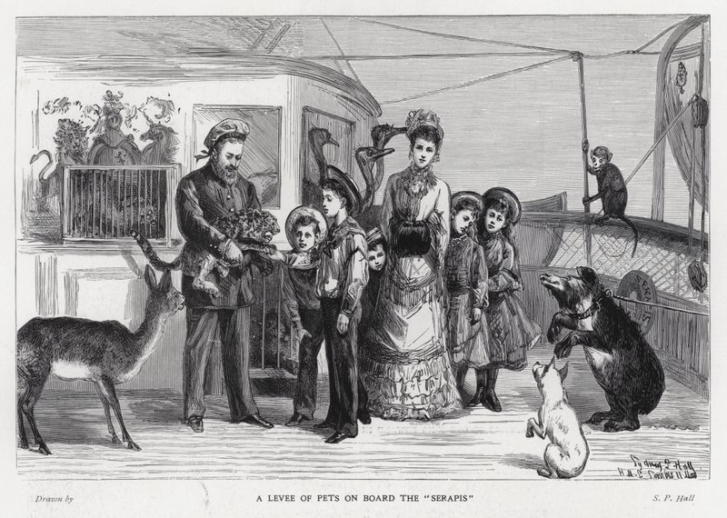 Koning Edward VII met gevangen wilde dieren aan boord van het troepenschip, de Serapis tijdens zijn bezoek aan India door Sydney Prior (after) Hall