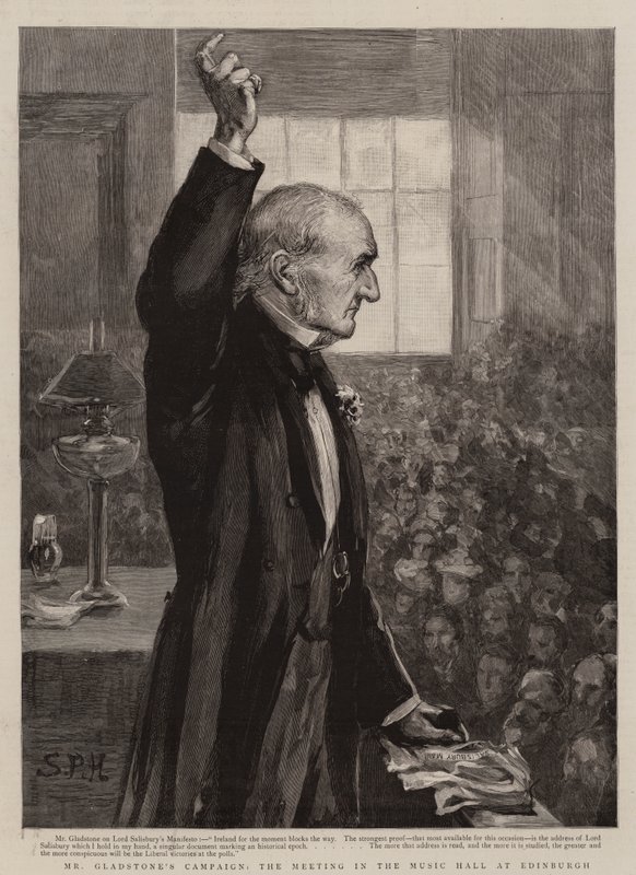 De campagne van Mr. Gladstone, de bijeenkomst in de concertzaal in Edinburgh door Sydney Prior (after) Hall