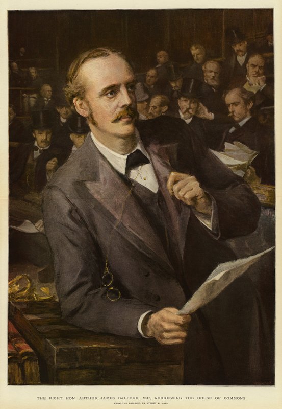 De zeer eerbiedwaardige Arthur James Balfour, MP, spreekt het Lagerhuis toe door Sydney Prior (after) Hall
