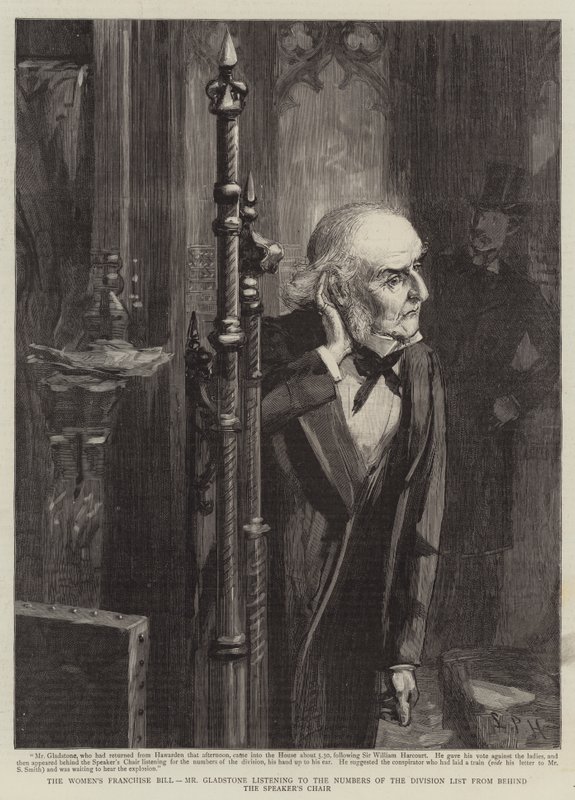 Het Vrouwenkiesrechtwetsvoorstel, Mr. Gladstone luistert naar de nummers van de stemlijst achter de stoel van de voorzitter door Sydney Prior (after) Hall