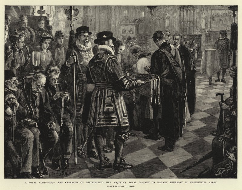 Een koninklijke aalmoes, de ceremonie van het uitdelen van Hare Majesteits Koninklijke Maundy op Witte Donderdag in Westminster Abbey door Sydney Prior Hall