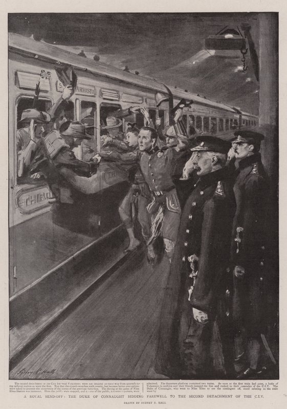 Een koninklijk afscheid, de hertog van Connaught neemt afscheid van het tweede detachement van de CIV door Sydney Prior Hall