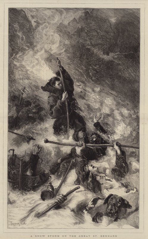 Een sneeuwstorm op de Grote Sint-Bernhard door Sydney Prior Hall