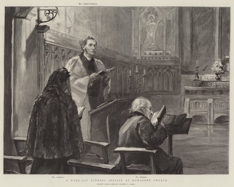 Een doordeweekse avonddienst in de kerk van Hawarden door Sydney Prior Hall