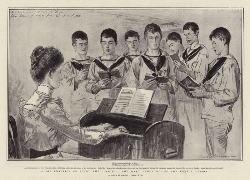 Kooroefening aan boord van de Ophir, Lady Mary Lygon geeft de jongens een les door Sydney Prior Hall