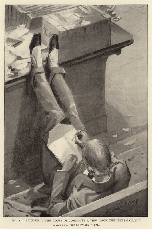 De heer A J Balfour in het Lagerhuis, een uitzicht vanuit de persgalerij door Sydney Prior Hall