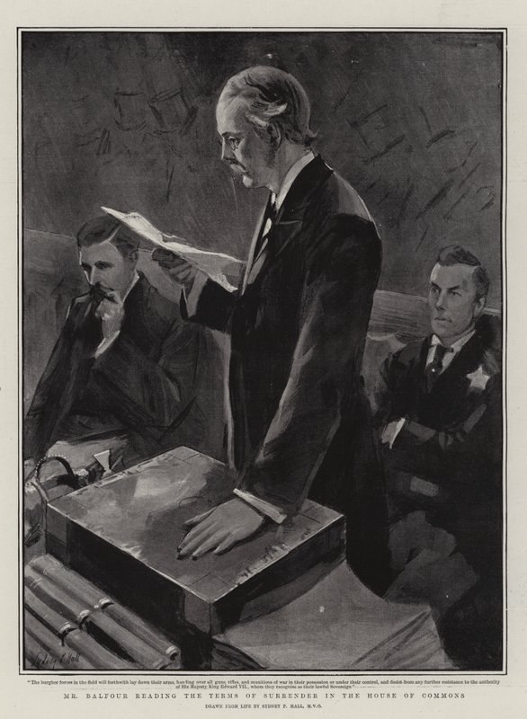 Mr Balfour leest de Overgavevoorwaarden voor in het Lagerhuis door Sydney Prior Hall
