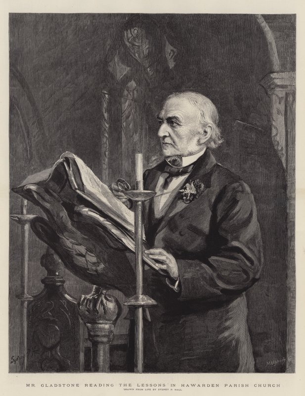 Mr. Gladstone leest de lessen in de parochiekerk van Hawarden door Sydney Prior Hall
