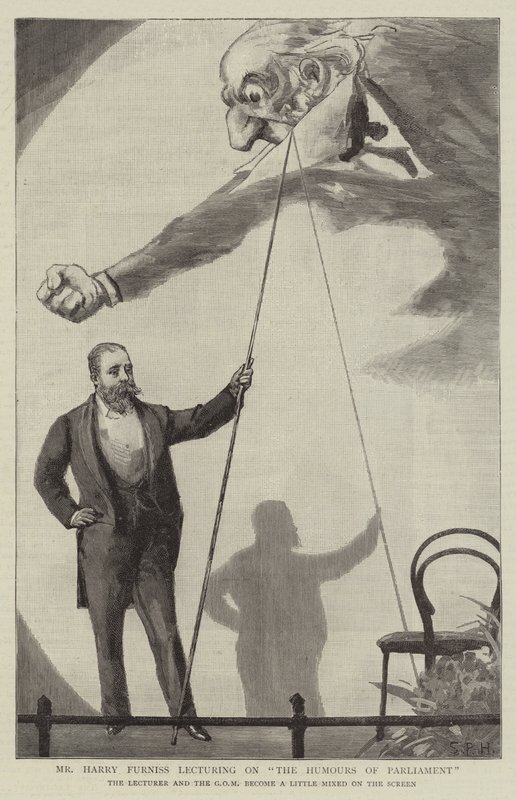De heer Harry Furniss geeft een lezing over de humor van het parlement door Sydney Prior Hall