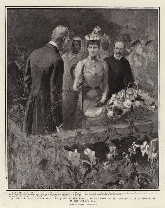Aan de vooravond van de kroning, de koningin bij de bijeenkomst van de Families van Soldaten en Zeelieden in de Queen