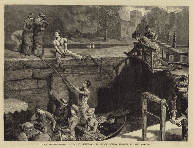 Oxford geïllustreerd, een picknick naar Nuneham, in Iffley Lock, het gezelschap opwinden door Sydney Prior Hall