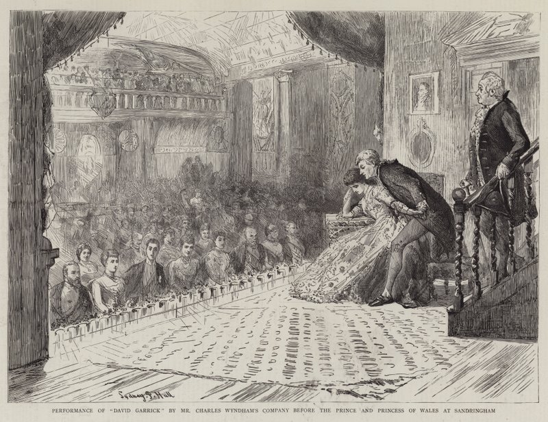 Optreden van David Garrick door het gezelschap van Mr Charles Wyndham voor de Prins en Prinses van Wales in Sandringham door Sydney Prior Hall