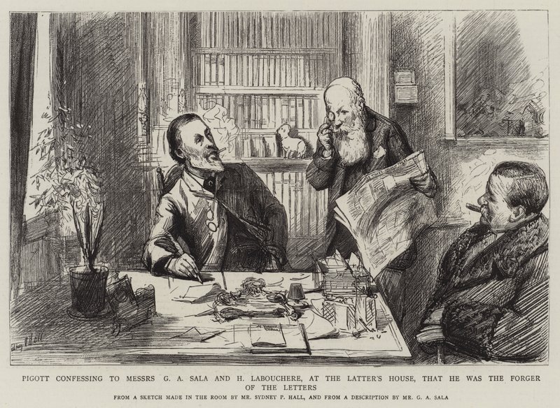 Pigott bekent aan Messers G A Sala en H Labouchere, in het huis van de laatste, dat hij de vervalser van de brieven was door Sydney Prior Hall