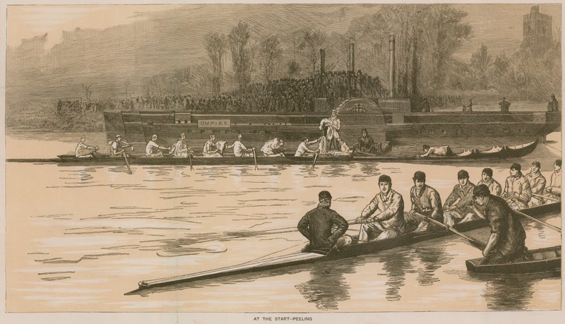 Herinneringen aan een Oxford en Cambridge bootrace: Bij de start - Peeling door Sydney Prior Hall
