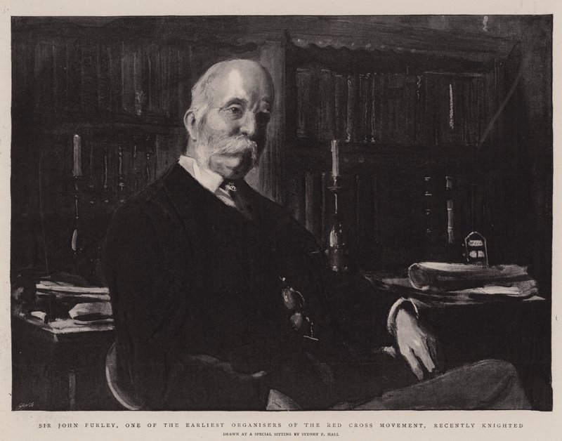 Sir John Furley, een van de eerste organisatoren van de Rode Kruis Beweging, onlangs geridderd door Sydney Prior Hall
