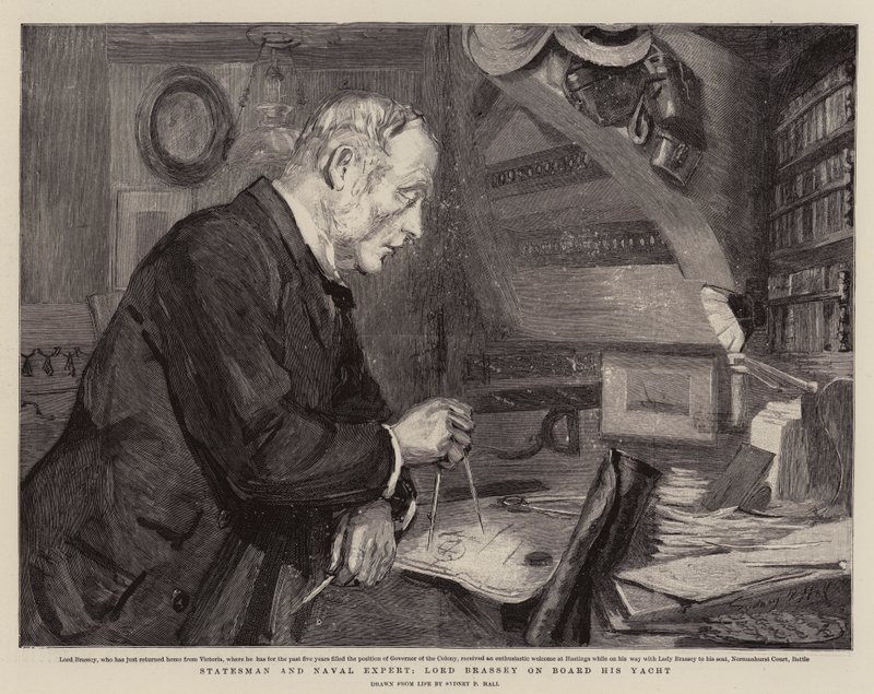 Staatsman en marine-expert, Lord Brassey aan boord van zijn jacht door Sydney Prior Hall