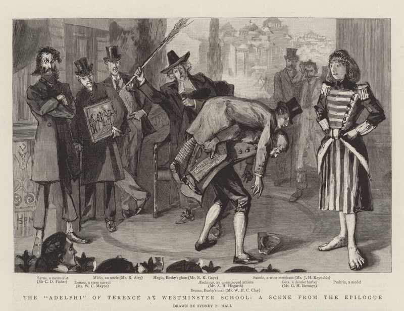 De Adelphi van Terence op Westminster School, een scène uit de epiloog door Sydney Prior Hall