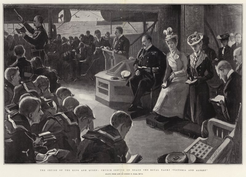 De cruise van de koning en koningin, kerkdienst aan boord van het koninklijk jacht Victoria en Albert door Sydney Prior Hall