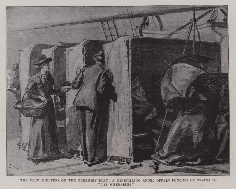 De Dekschuilplaatsen op de Guernsey-boot, een Verzorgende Engel biedt Trossen Druiven aan Les Miserables door Sydney Prior Hall