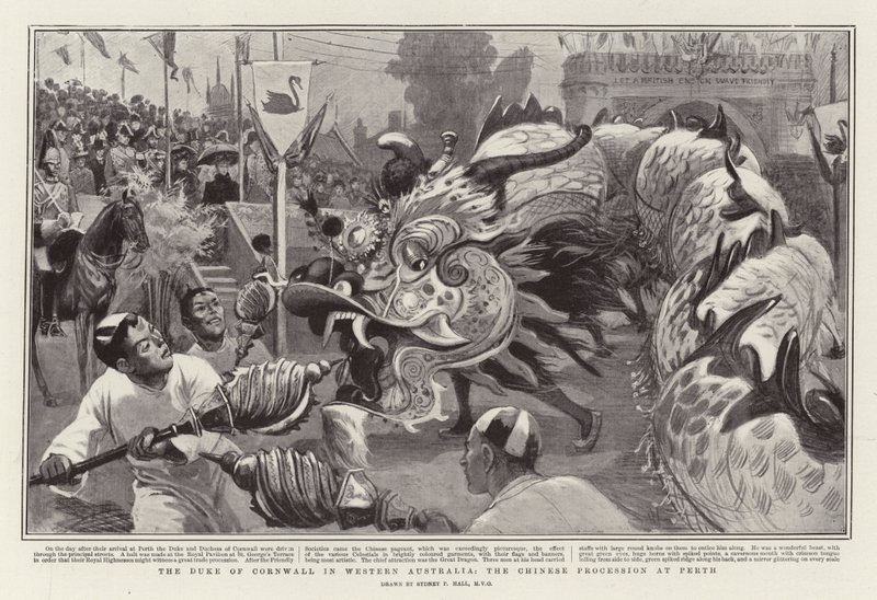 De hertog van Cornwall in West-Australië, de Chinese processie in Perth door Sydney Prior Hall