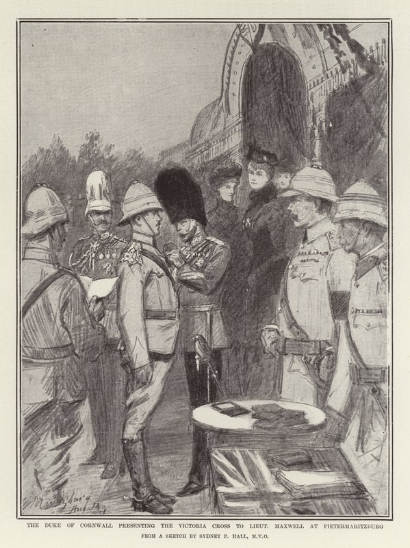 De Hertog van Cornwall presenteert het Victoria Cross aan Luitenant Maxwell in Pietermaritzburg door Sydney Prior Hall