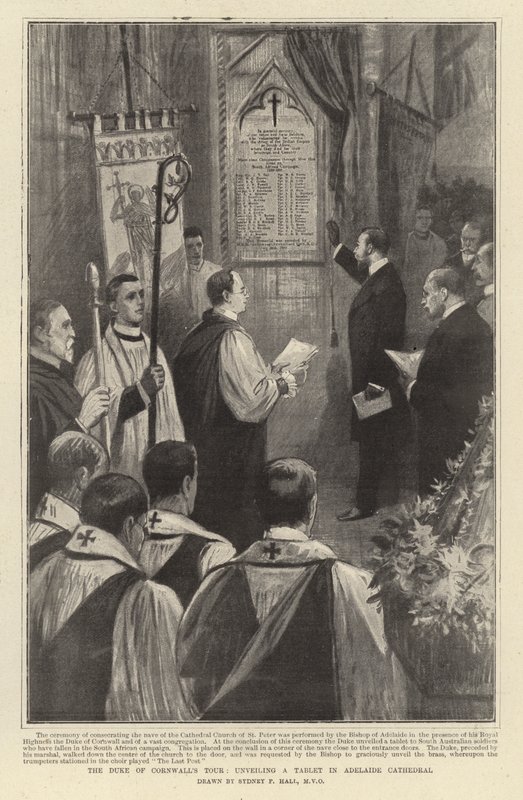 De tour van de hertog van Cornwall, onthulling van een tablet in de kathedraal van Adelaide door Sydney Prior Hall