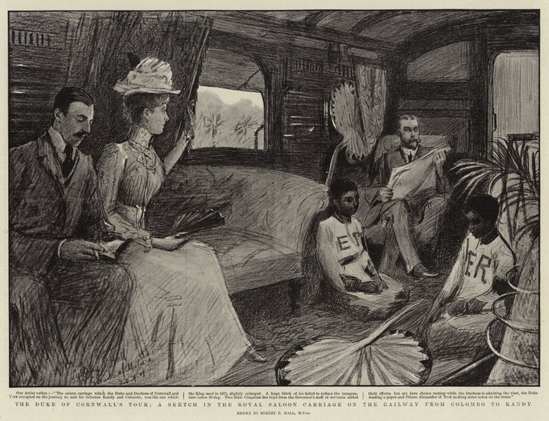 De tour van de hertog van Cornwall, een schets in de koninklijke salonwagen op de spoorweg van Colombo naar Kandy door Sydney Prior Hall