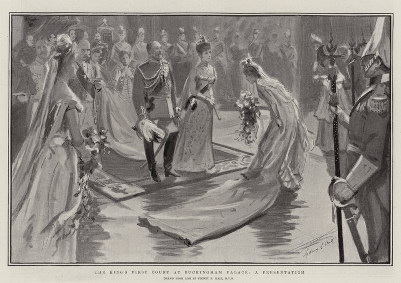Het Eerste Hof van de Koning in Buckingham Palace, een Presentatie door Sydney Prior Hall