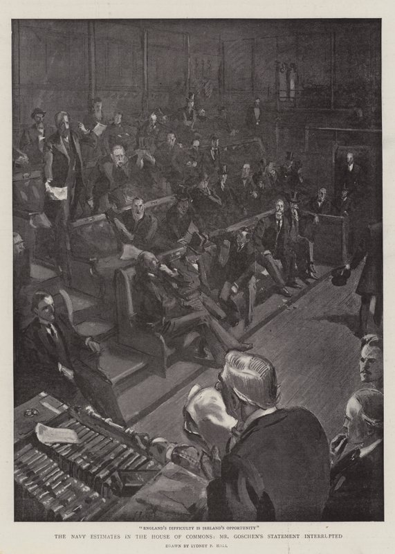 De marinebegroting in het Lagerhuis, onderbroken verklaring van Mr. Goschen door Sydney Prior Hall