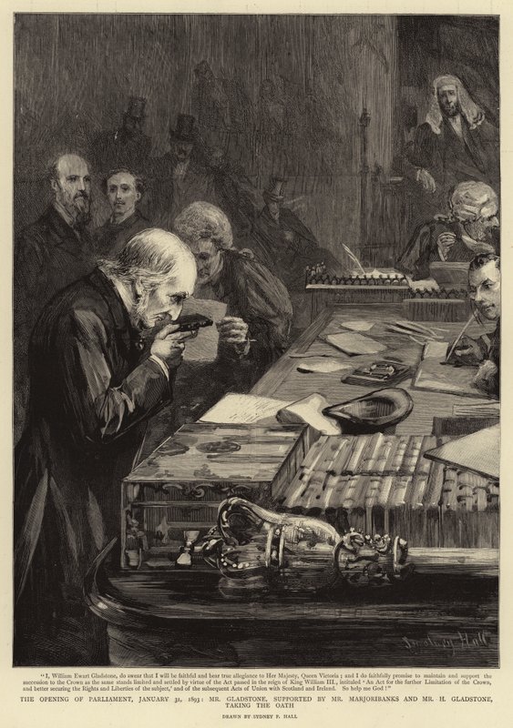 De opening van het parlement, 31 januari 1893, Mr. Gladstone, ondersteund door Mr. Marjoribanks en Mr. H. Gladstone, legt de eed af door Sydney Prior Hall
