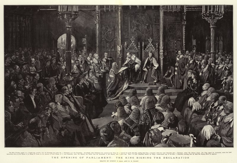 De Opening van het Parlement, de Koning ondertekent de Verklaring door Sydney Prior Hall