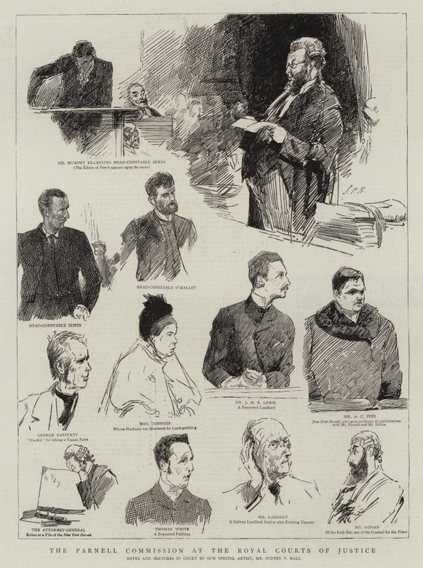 De Parnell-commissie bij de Royal Courts of Justice door Sydney Prior Hall