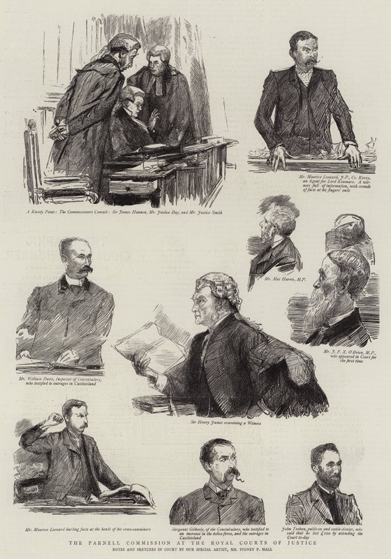 De Parnell-commissie bij de Royal Courts of Justice door Sydney Prior Hall