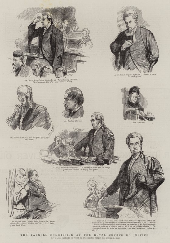 De Parnell-commissie bij de Royal Courts of Justice door Sydney Prior Hall