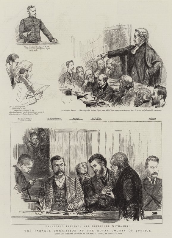 De Parnell-commissie bij de Royal Courts of Justice door Sydney Prior Hall