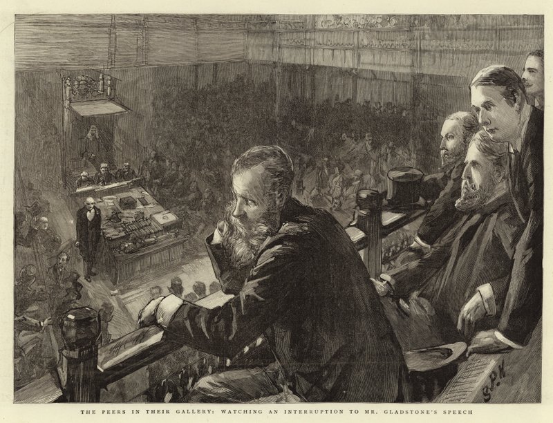 De Edelen in hun Galerij, kijkend naar een onderbreking van de toespraak van Mr. Gladstone door Sydney Prior Hall