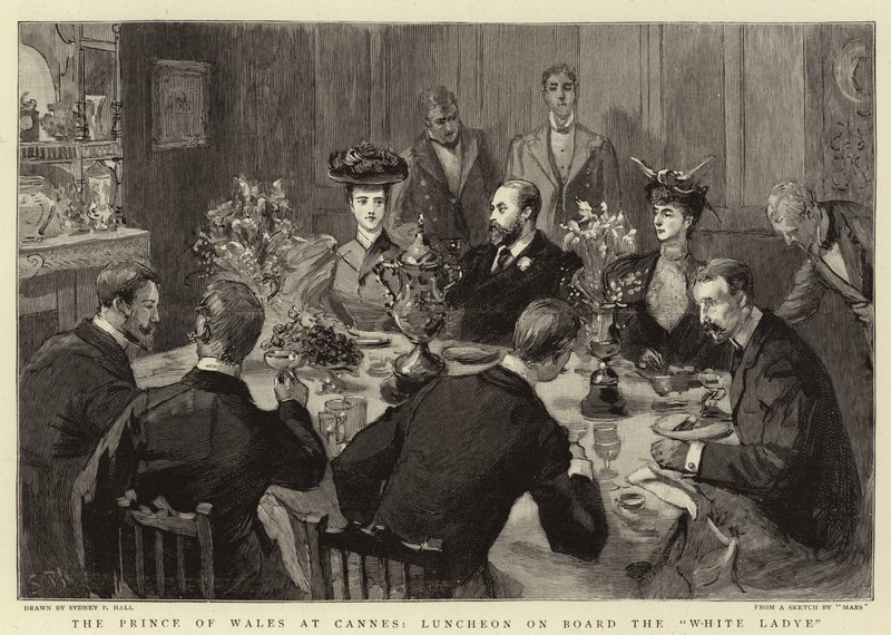 De Prins van Wales in Cannes, lunch aan boord van de White Ladye door Sydney Prior Hall